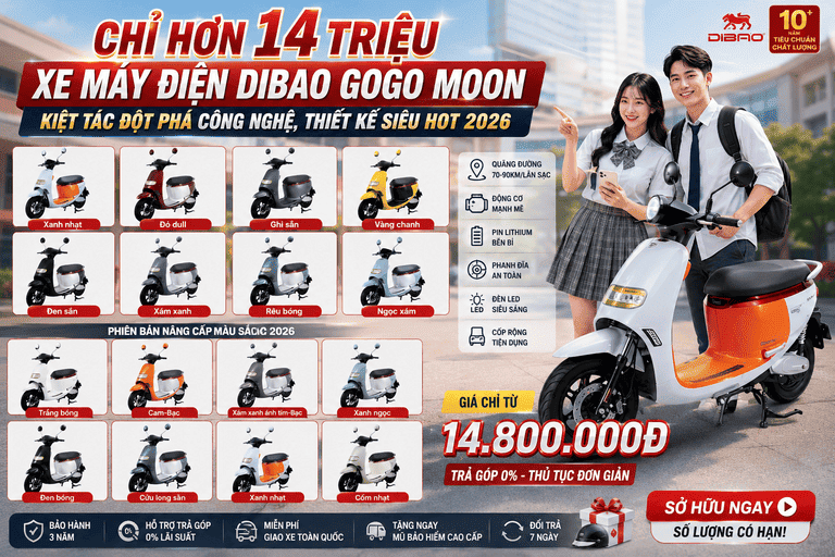 Chỉ hơn 14 triệu - Xe Máy Điện Dibao Gogo Moon: Kiệt Tác Đột Phá Công Nghệ, Thiết Kế Siêu Hot 2026